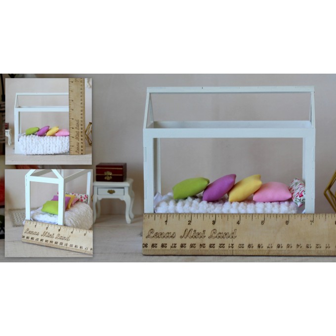 Miniature frame bed, dollhouse wooden canopy 