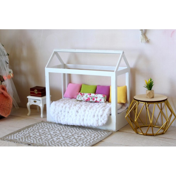 Miniature frame bed, dollhouse wooden canopy 