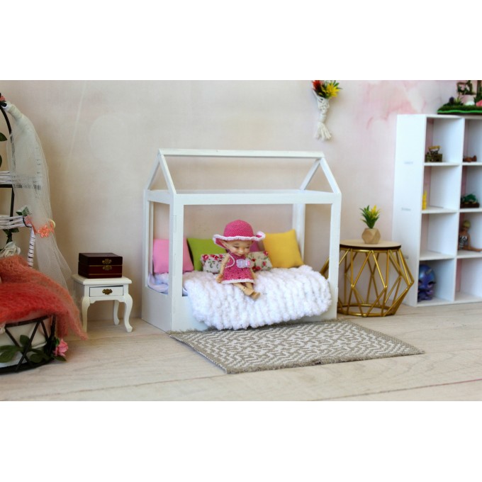 Miniature frame bed, dollhouse wooden canopy 