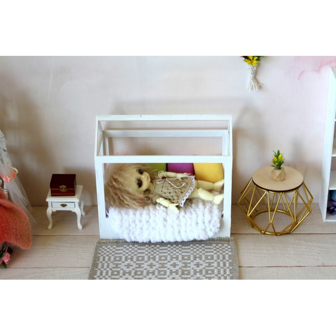 Miniature frame bed, dollhouse wooden canopy 