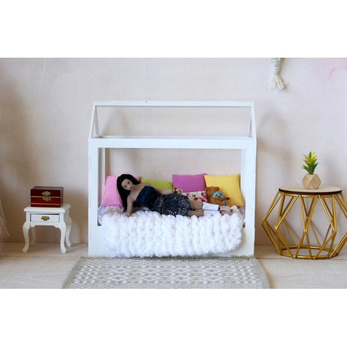 Miniature frame bed, dollhouse wooden canopy 