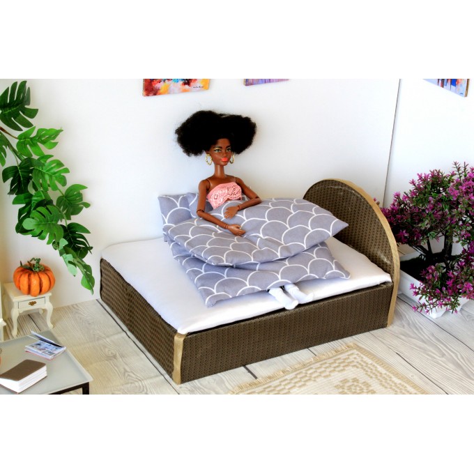 Dollhouse bedding set miniature gray color 1:6 scale