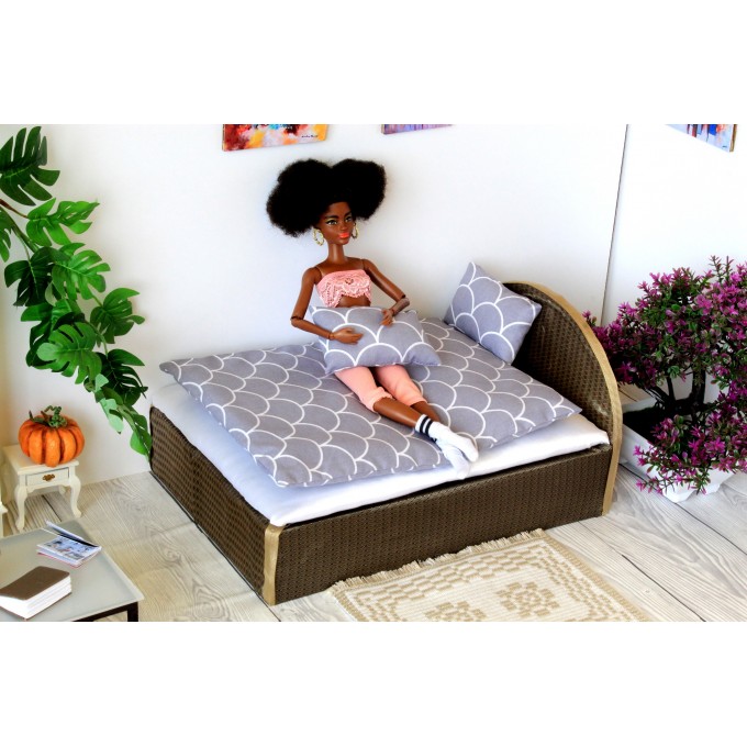 Dollhouse bedding set miniature gray color 1:6 scale