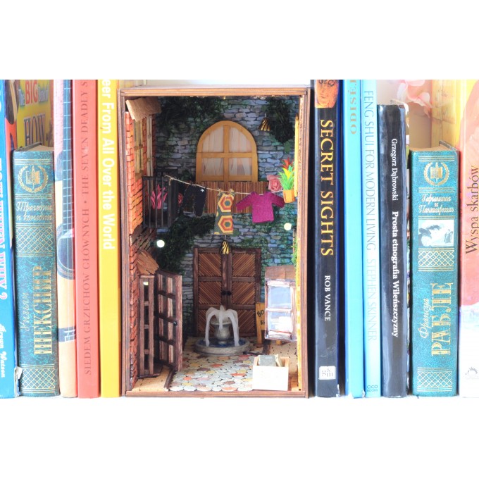 Book nook street with light, door window miniature 