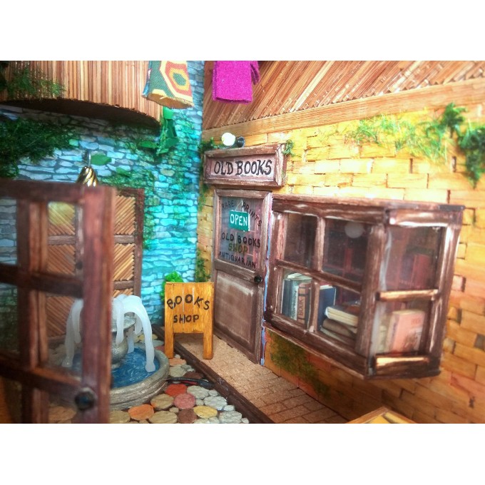 Book nook street with light, door window miniature 