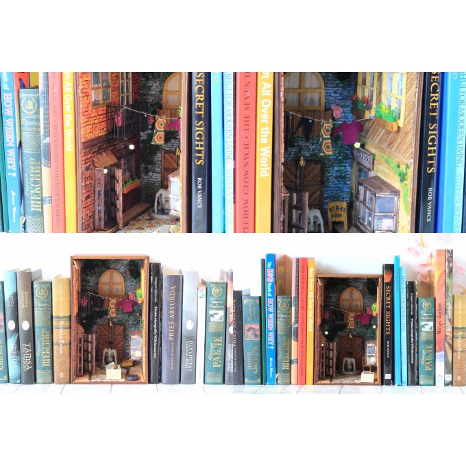 Book nook street with light, door window miniature 