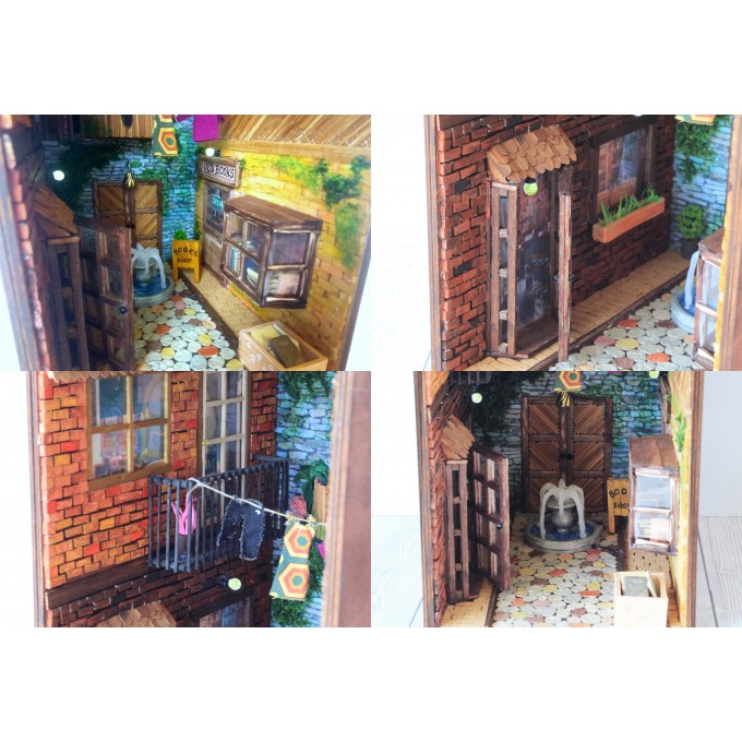 Book nook street with light, door window miniature 