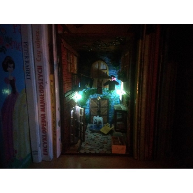 Book nook street with light, door window miniature 
