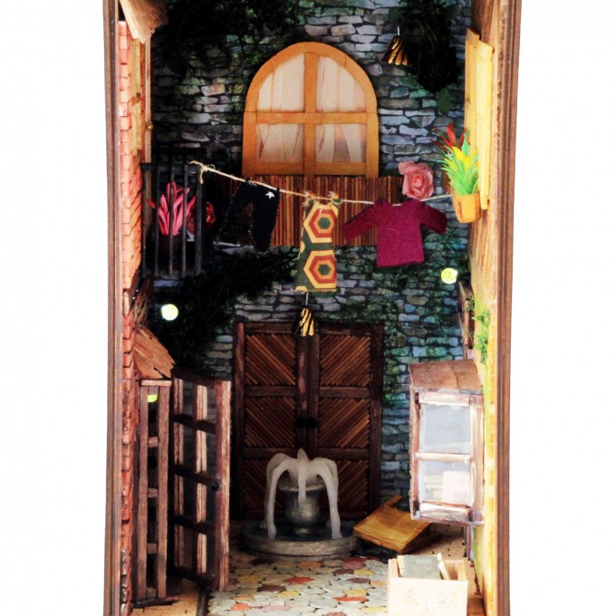 Book nook street with light, door window miniature 