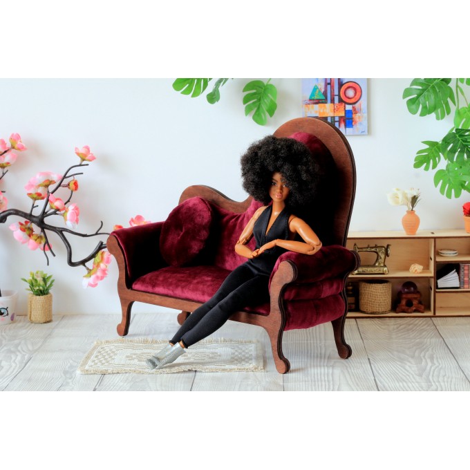 Miniature dollhouse sofa Victorian style brown wood 