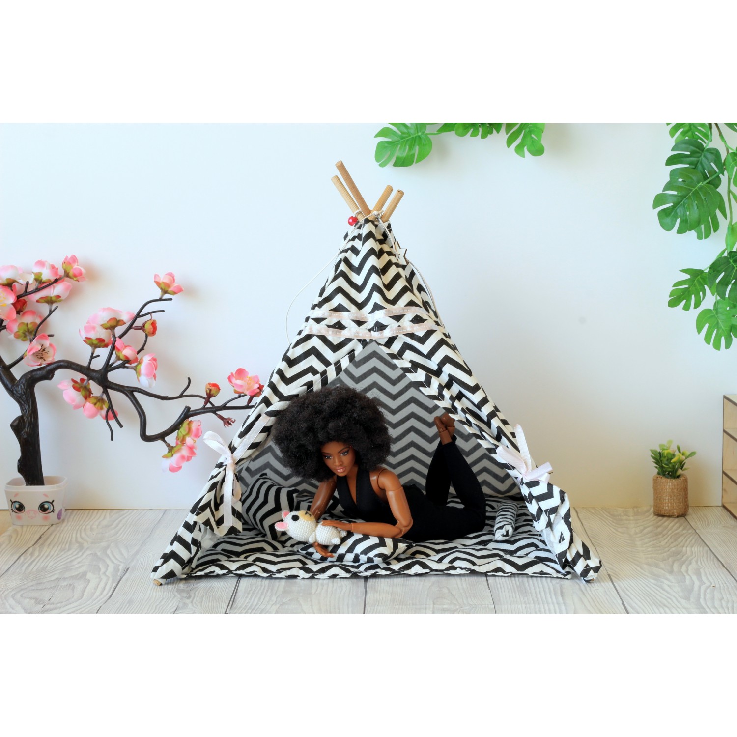 Miniature dollhouse teepee tent, 12 inch zigzag fashion BJD doll picnic