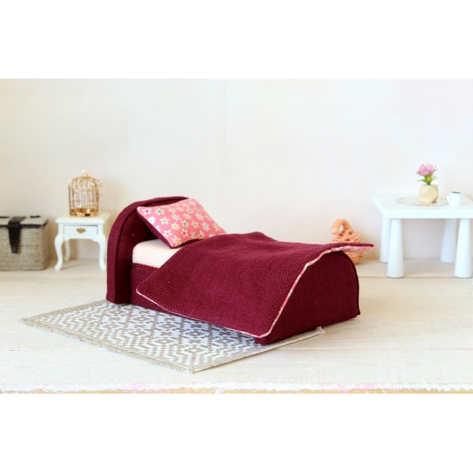 Miniature bed 1:12 scale dollhouse furniture, upholstered