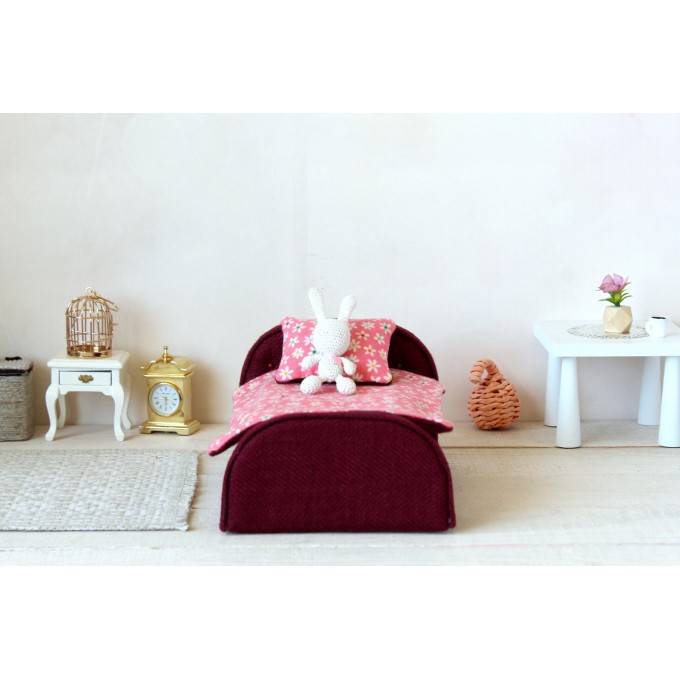 Miniature bed 1:12 scale dollhouse furniture, upholstered