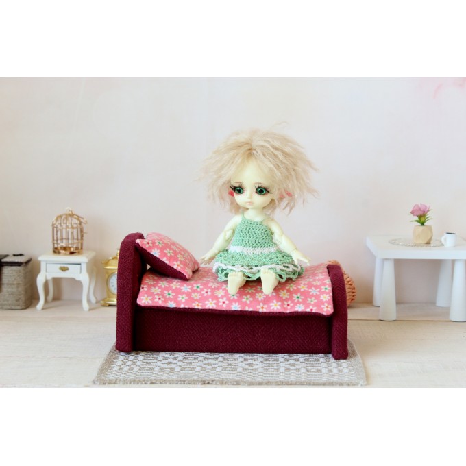 Miniature bed 1:12 scale dollhouse furniture, upholstered