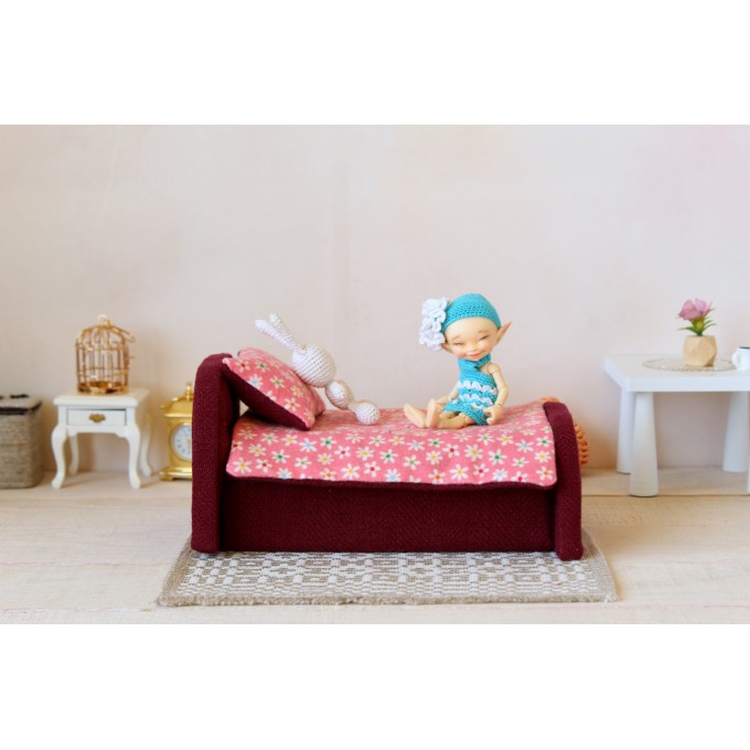 Miniature bed 1:12 scale dollhouse furniture, upholstered