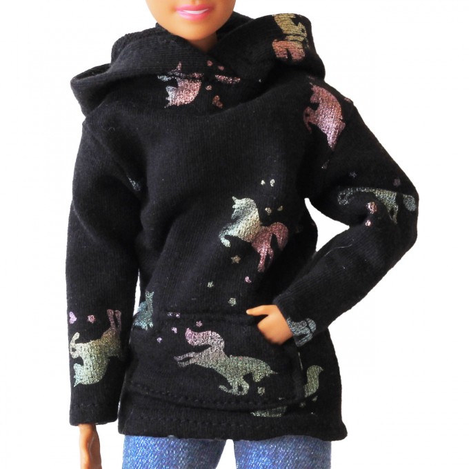 Miniature sweater for Barb dolls, black hooded dress