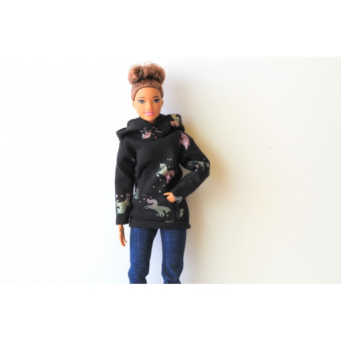 Miniature sweater for Barb dolls, black hooded dress