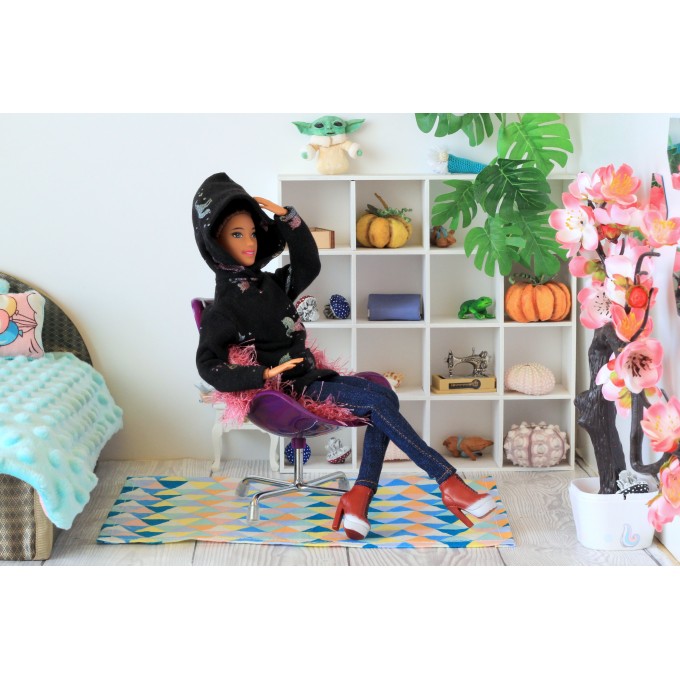 Miniature sweater for Barb dolls, black hooded dress