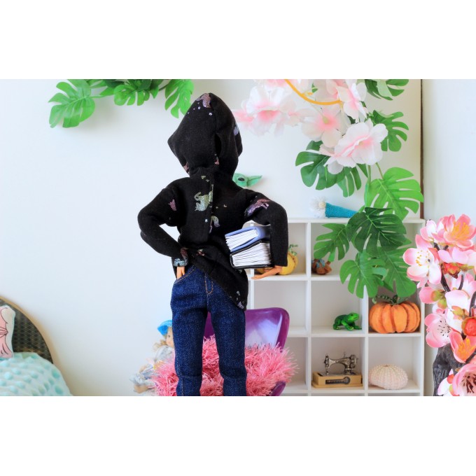 Miniature sweater for Barb dolls, black hooded dress