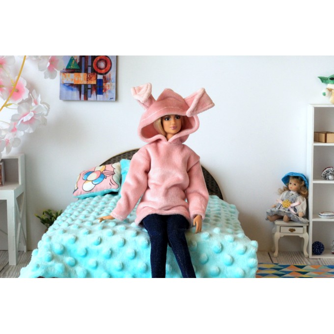 Doll sweater with bunny ears hood Barb BJD doll outfit