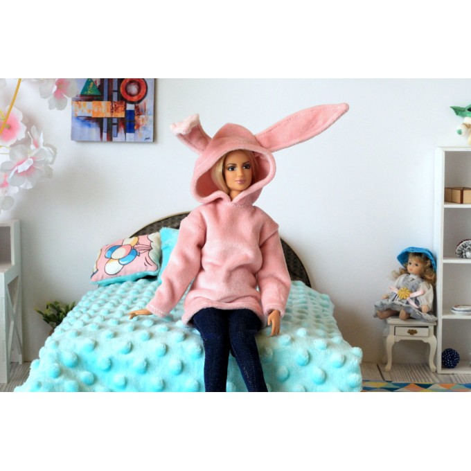 Doll sweater with bunny ears hood Barb BJD doll outfit