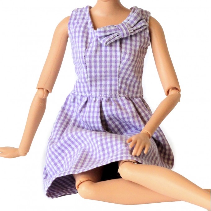 Doll summer dress violet color checkered fabric