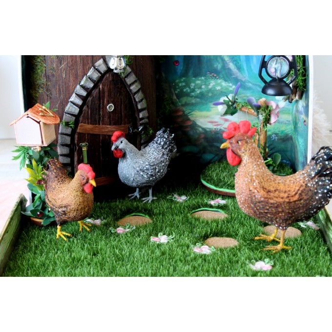 Miniature chicken figurine cotton felt hen rooster 