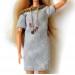 Barb doll dress, elegant gray outfit with jewelry 