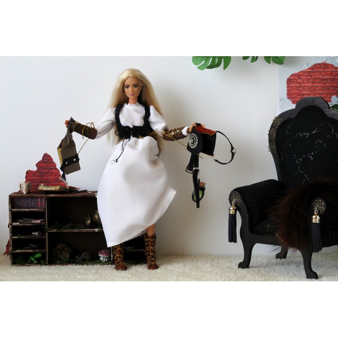 Doll steampunk outfit, 1:6 scale dress leather shoes belt