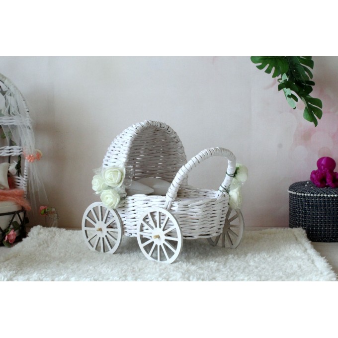 Miniature carriage, wicker dollhouse pram. White Cottage