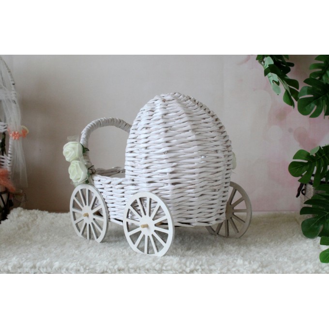 Miniature carriage, wicker dollhouse pram. White Cottage