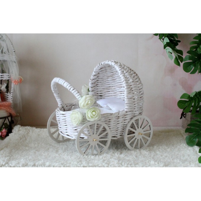 Miniature carriage, wicker dollhouse pram. White Cottage