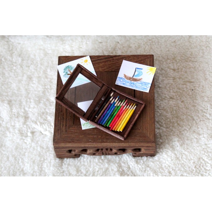 Miniature box of pencils. Wooden dollhouse accessories
