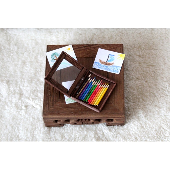 Miniature box of pencils. Wooden dollhouse accessories