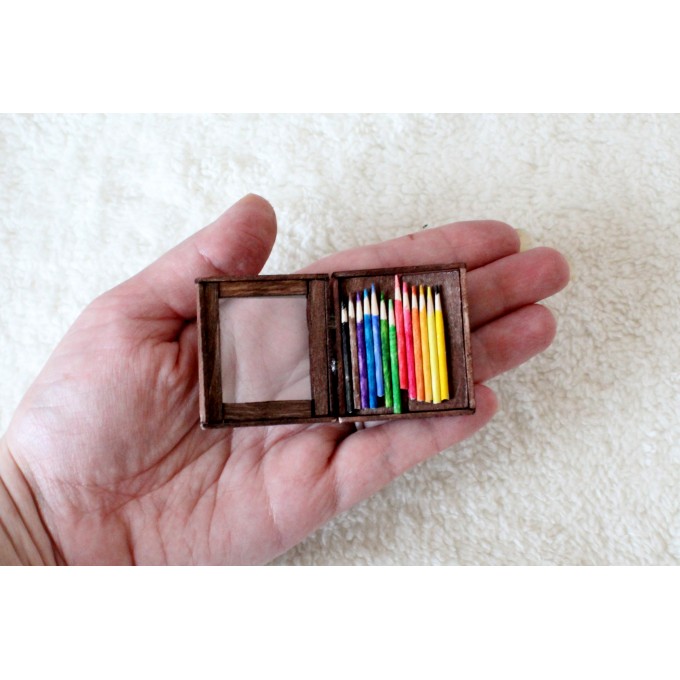 Miniature box of pencils. Wooden dollhouse accessories