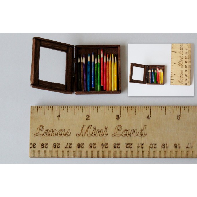 Miniature box of pencils. Wooden dollhouse accessories