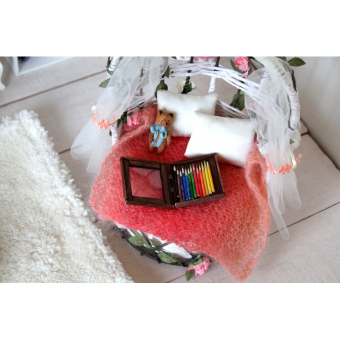 Miniature box of pencils. Wooden dollhouse accessories
