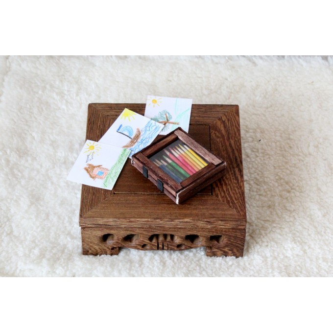 Miniature box of pencils. Wooden dollhouse accessories