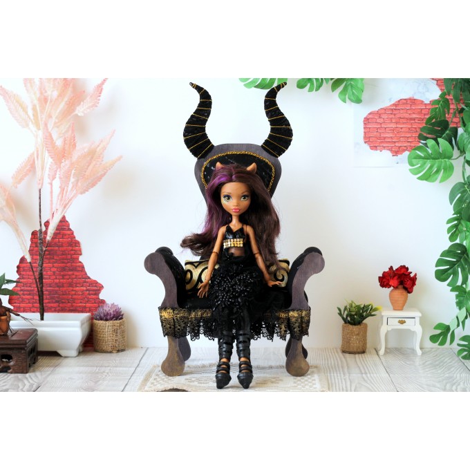 Miniature chair with horns, goth devil dollhouse furniture. 
