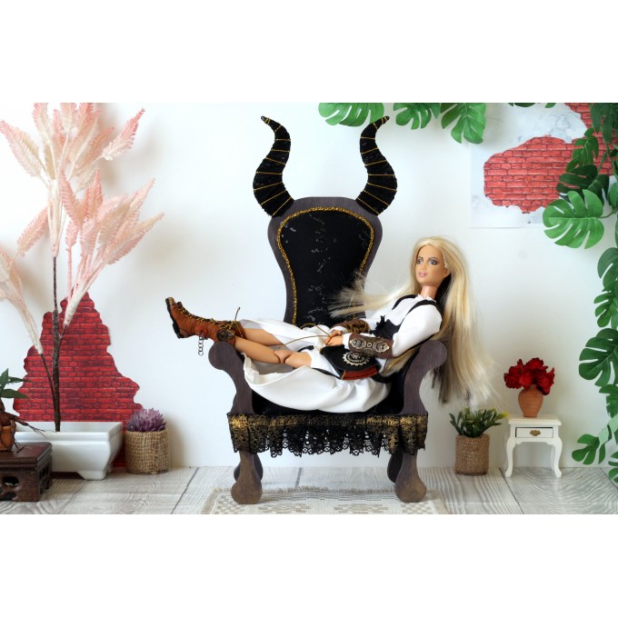 Miniature chair with horns, goth devil dollhouse furniture. 