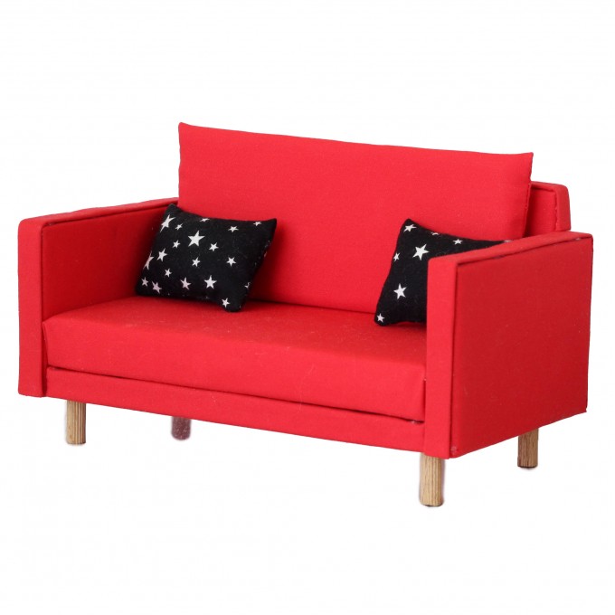 Miniature red sofa, dollhouse furniture 1:6 scale