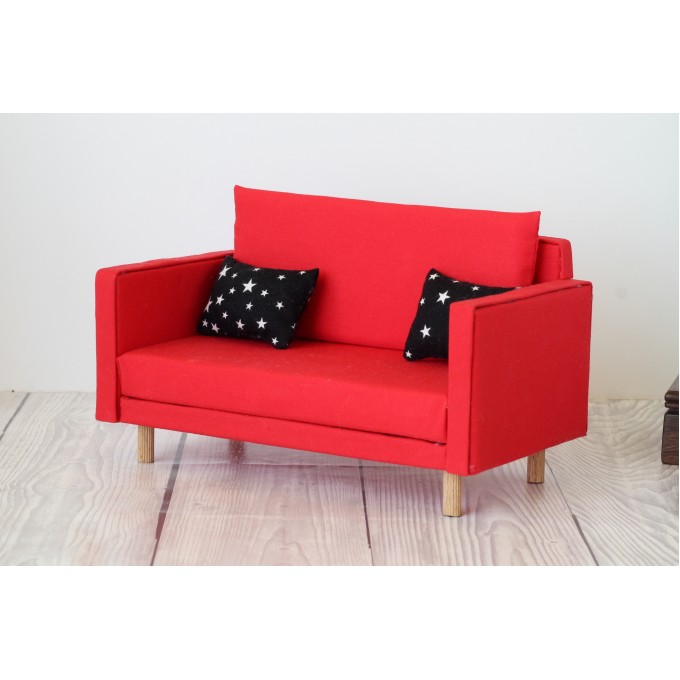 Miniature red sofa, dollhouse furniture 1:6 scale