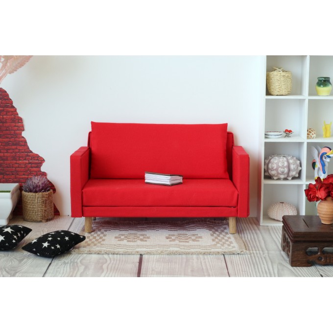 Miniature red sofa, dollhouse furniture 1:6 scale
