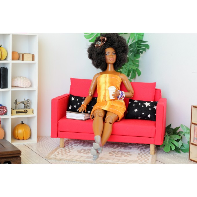 Miniature red sofa, dollhouse furniture 1:6 scale