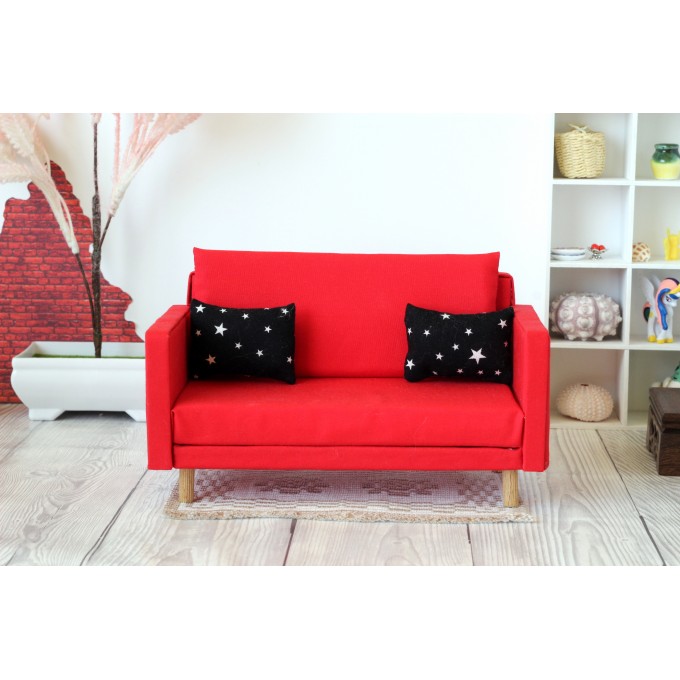 Miniature red sofa, dollhouse furniture 1:6 scale