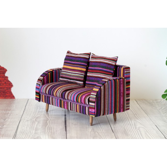 Miniature striped sofa 1:6 scale. Violet textile 