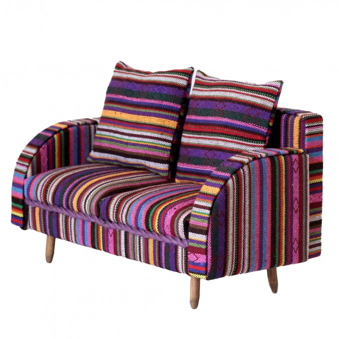 Miniature striped sofa 1:6 scale. Violet textile 