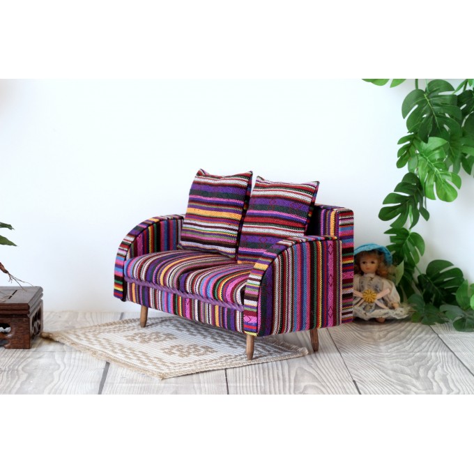 Miniature striped sofa 1:6 scale. Violet textile 