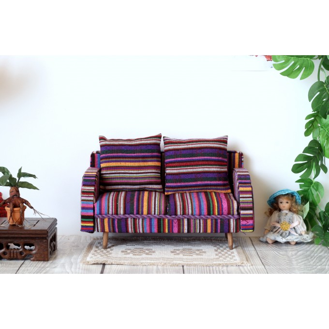 Miniature striped sofa 1:6 scale. Violet textile 