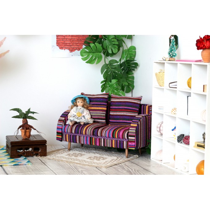 Miniature striped sofa 1:6 scale. Violet textile 